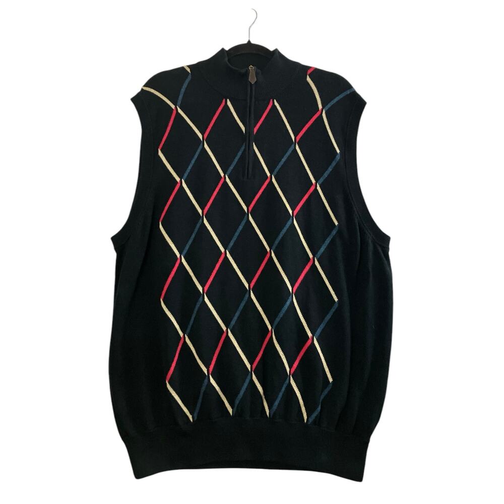 ST. ANDREWS of Scotland Men's Black Argyle 1/4 Zip Sleeveless Sweater | Size XL